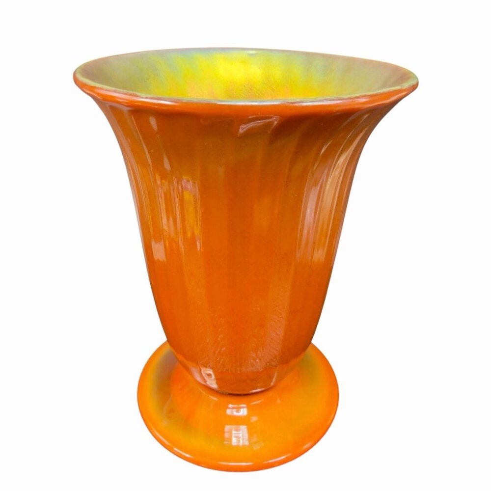 Lundberg Studios 1996 Hand Blown Art Glass Vase Vessel Orange‎ Iridescent Finish